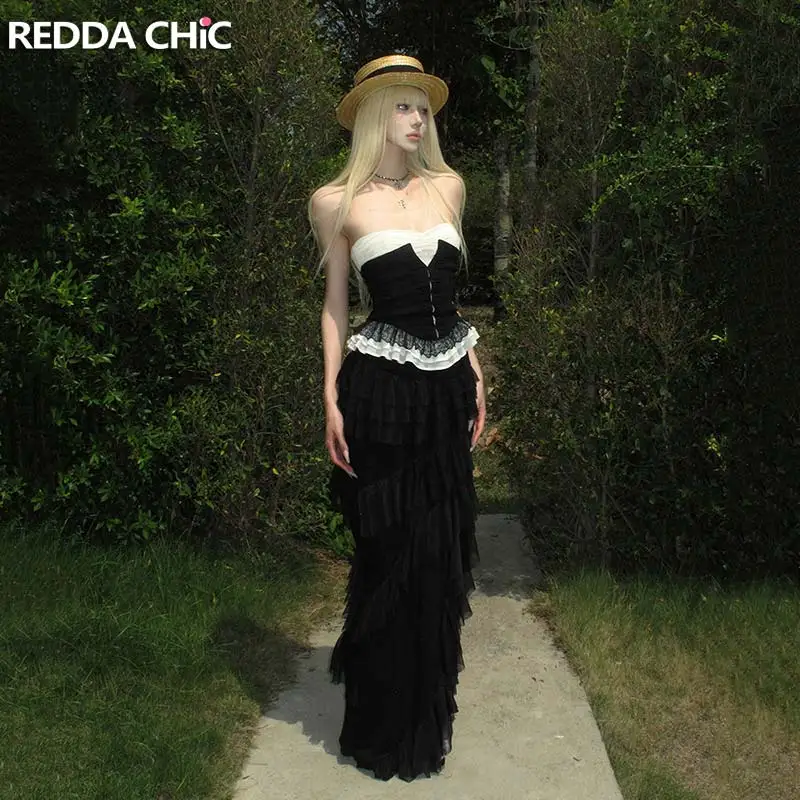 REDDACHiC Gothic Corset Top Cake Skirt Women Matching Set Party Contrast Lace Crop Top Ruffle Layered Maxi Skirt Punk Costume