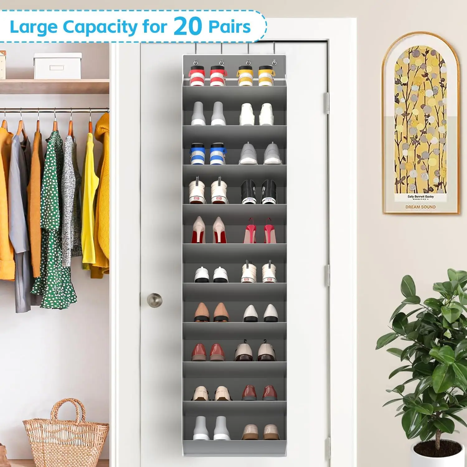 20-stufiger Schuh-Organizer zum Aufhängen an der Tür, tiefe Taschen, großer hängender Schuhständer für Schranktüren, für 30 Paar Schuhe geeignet – Detail 15