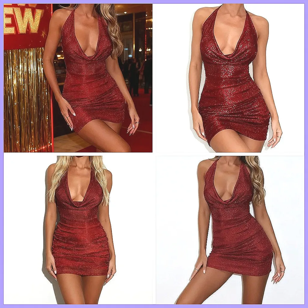 Sexy Ruched Halter Mini Dress for Women, Backless Low-Cut Sleeveless Party Dress, Summer Slim Fit Vestidos (Character Count: 78)