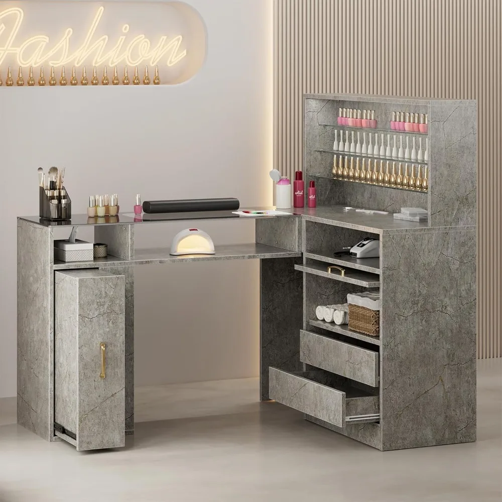 

L-Shaped Manicure Table with Shelves, Glass Top Nail Table Station Acetone Resistant w/Storage Drawers, LED Lights, Cabinet, Wri