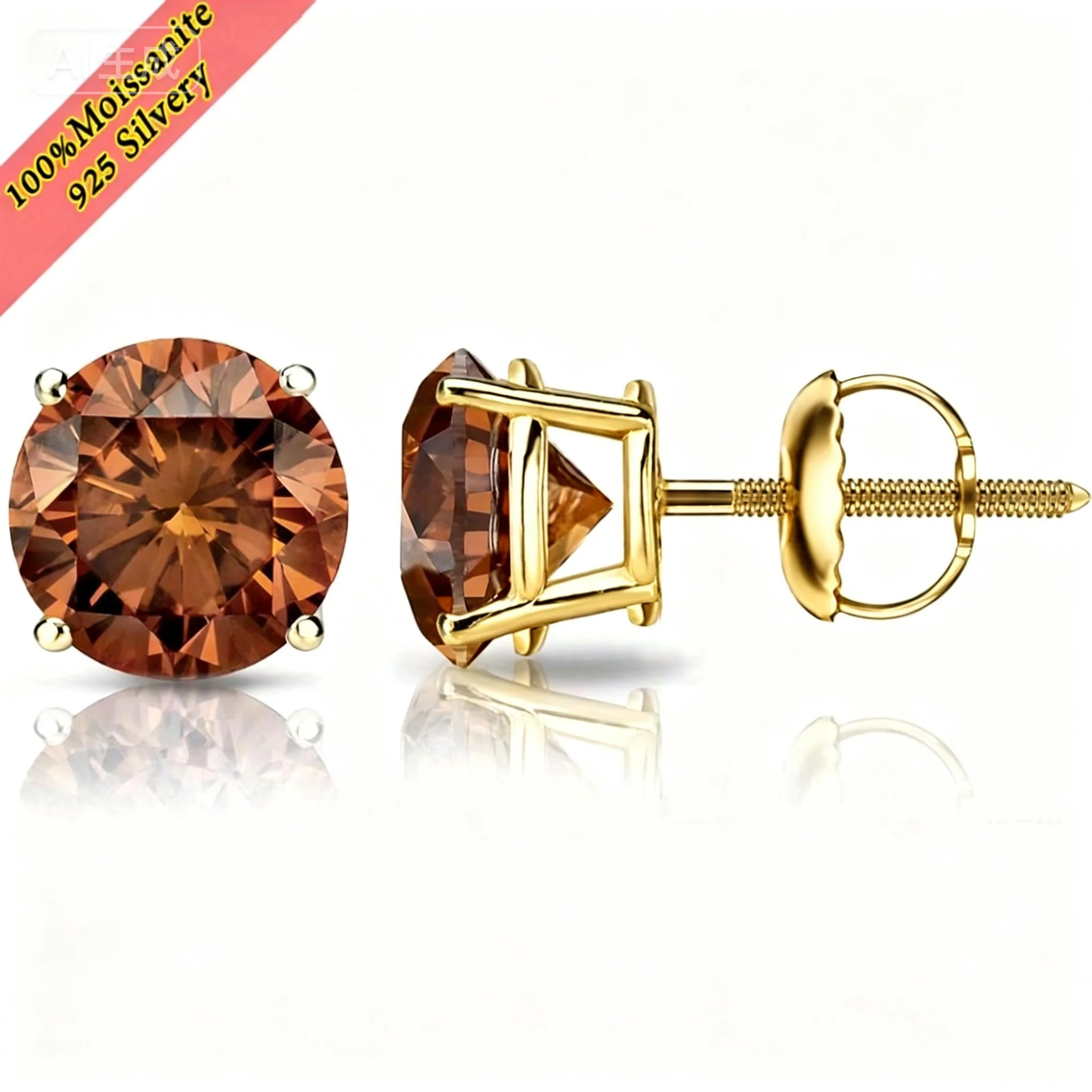 

Серьги-гвоздики из серебра 925 пробы с муассанитом, 4 крапана, с винтовой застежкой, для женщин, позолоченные, с серебристо-коричневым муассанитом, GRA