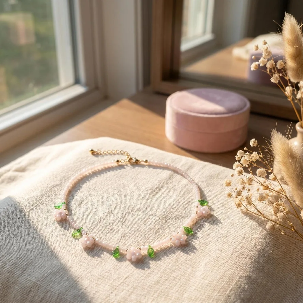 Flower Clavicle Necklace Fresh Garden-Themed Necklace Glass Beaded Necklace Gold-Plated Floral Choker For Spring Outfits Friends
