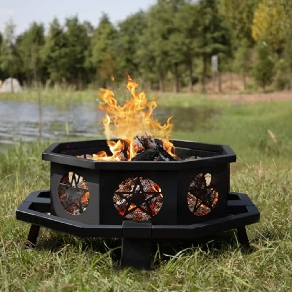 Outdoor 43 Inch Octagonal Fire Pit with Cooking Grill Black | Wood Burning Fire Pit with Fire Poker for Camping Picnic