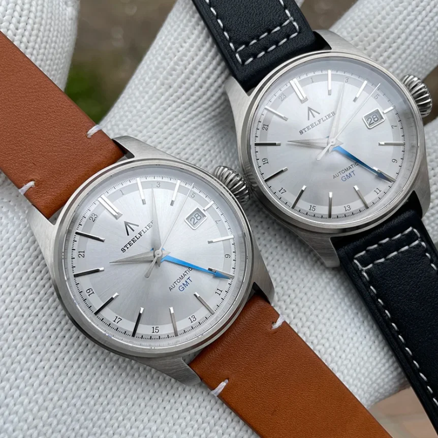 STEELDIVE Men GMT Watch 39MM Automatic Mechanical Wristwatch Silver Dial 20Bar Waterproof Sapphire 4 Hands NH34 Date