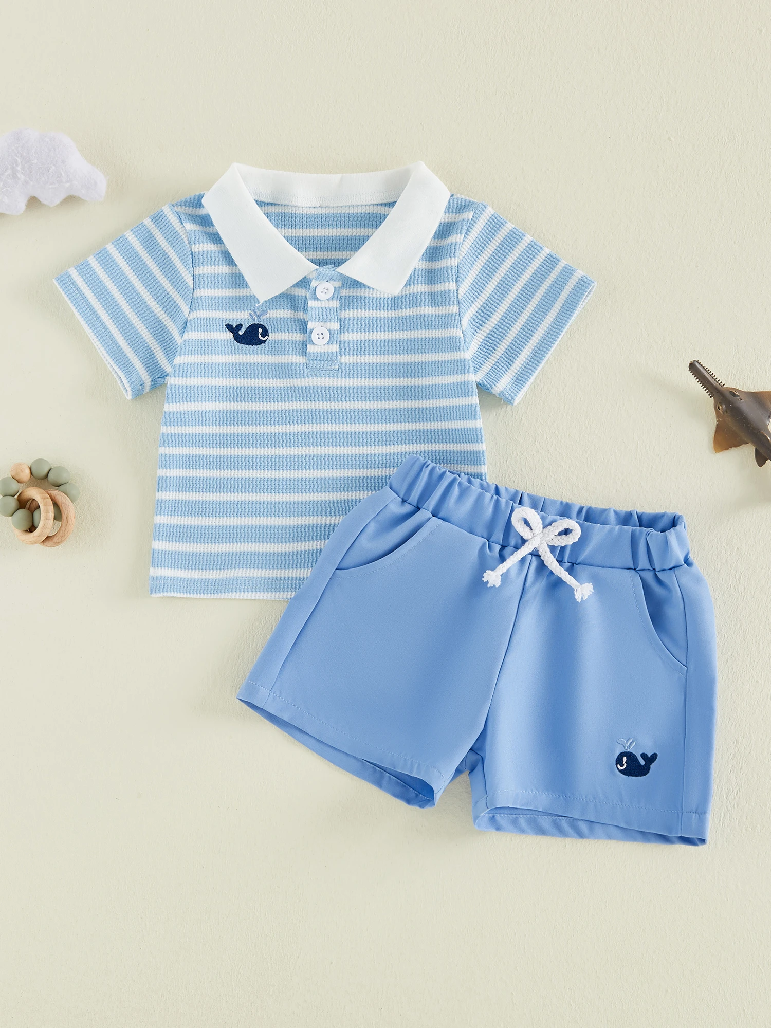 

Adorable Infant Boys Stylish Shark Applique Short Sleeve Striped Shirt with Matching Shorts 2-Piece Ensemble for Summer