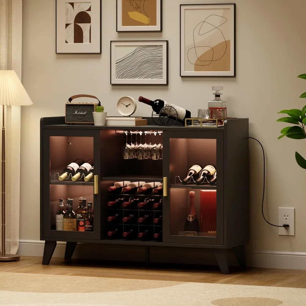 Contemporary LED-Illuminated Wine Buffet with Storage Racks and Glass Holders, Compact Home Coffee Bar with Whiskey Display