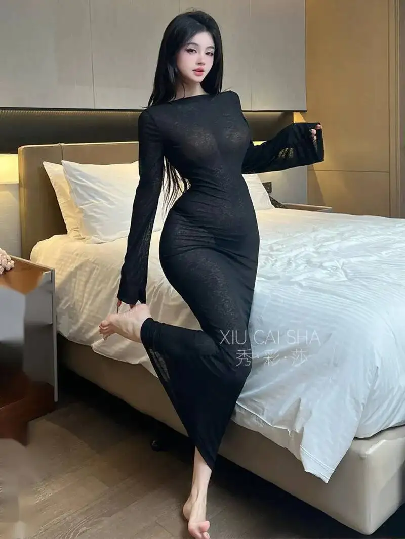 Pigiama sottile sexy girocollo sexy per coppie Allettante desiderio puro Abito lungo Elegante pizzo a rete Sheer Sweet Abiti da donna 4FXS