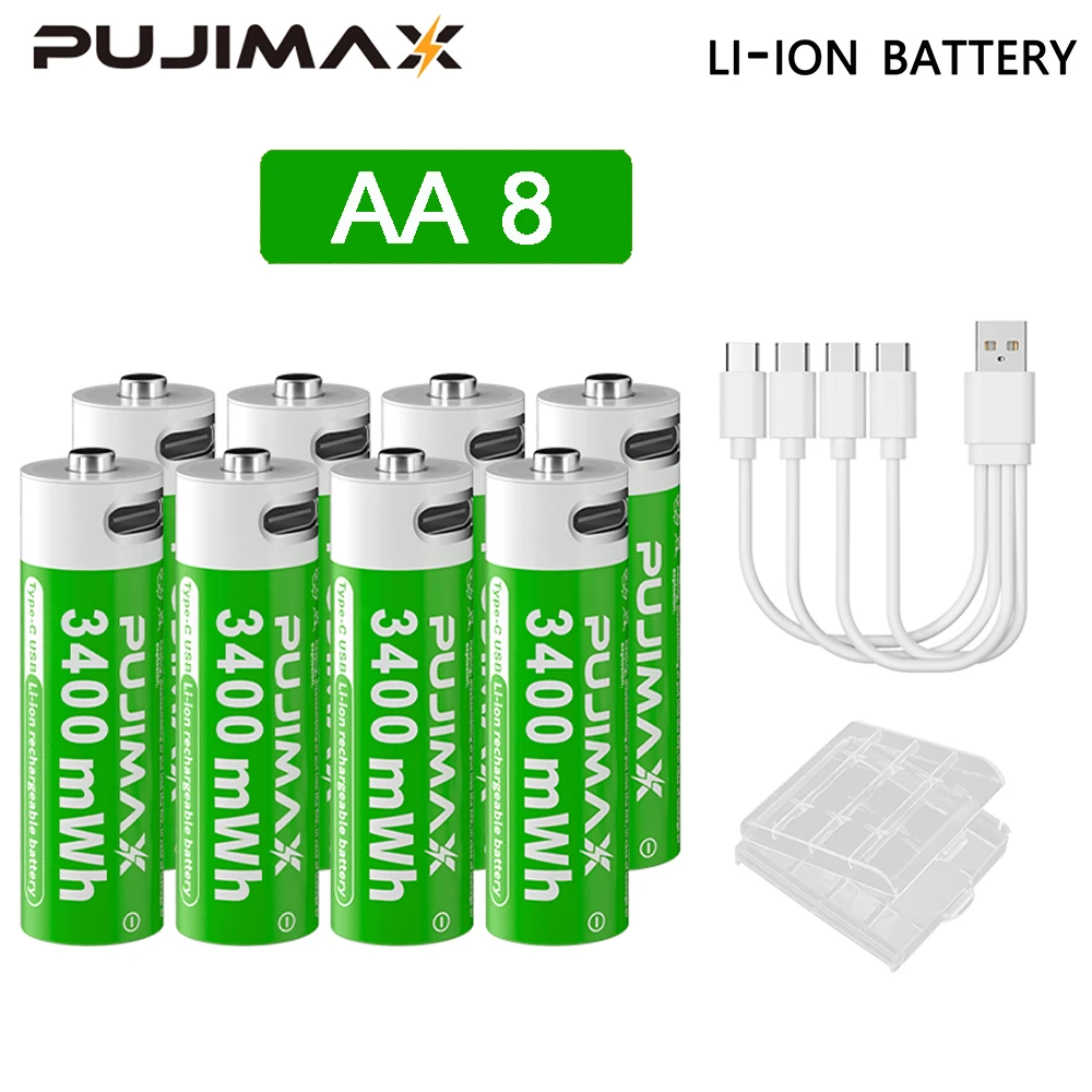 PUJIMAX 1,5 V AAA/AA 3400 mWh 1100 mWh oplaadbare batterij USB Type-C oplaadbare Li-ion batterij voor afstandsbediening elektrisch speelgoed