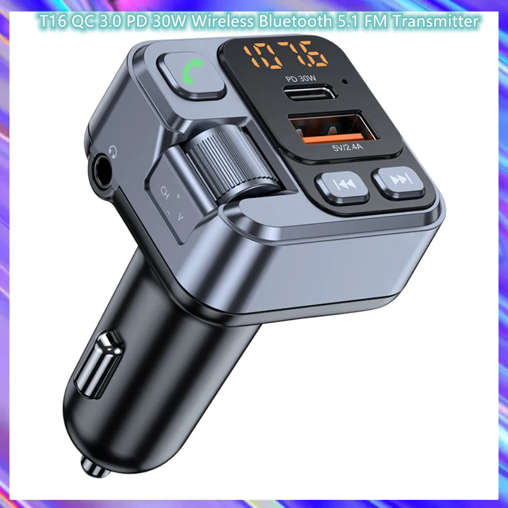 

T16 PD 30W Wireless Bluetooth 5.1 FM Transmitter Hands free Car Kit MP3 Player fast charger