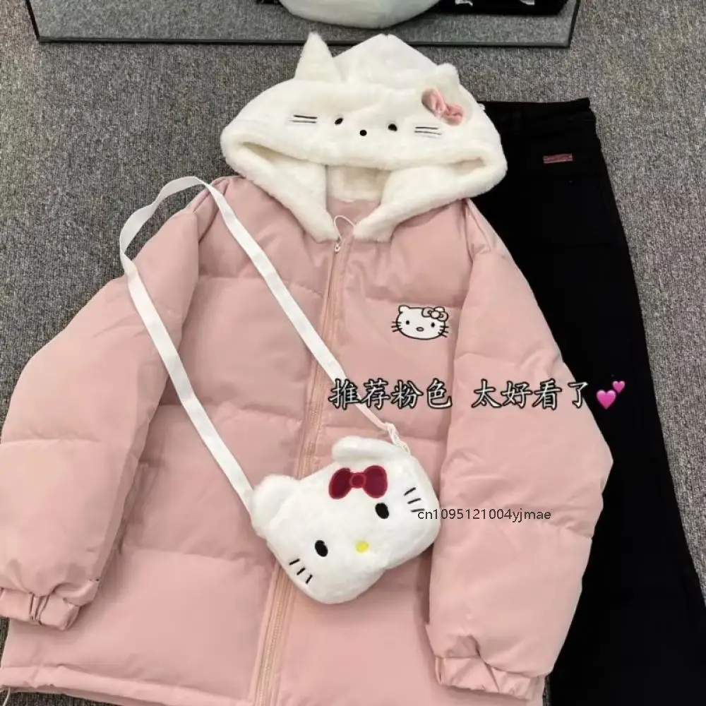 Cartoon Winter New Hello Kitty Cute Plush Thick Versatile Hooded Coat Women Blue Y2K Cotton Warm Clothes Women Student Jacket