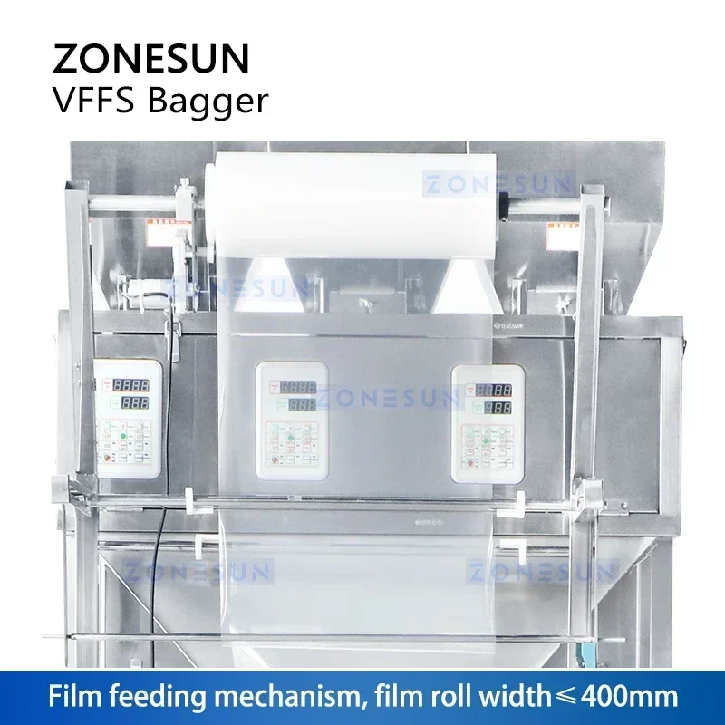 ZONESUN ZS-FS02 آلة تعبئة الأكياس VFFS الأوتوماتيكية للوجبات الخفيفة والحبيبات وتغليف أكياس البودرة