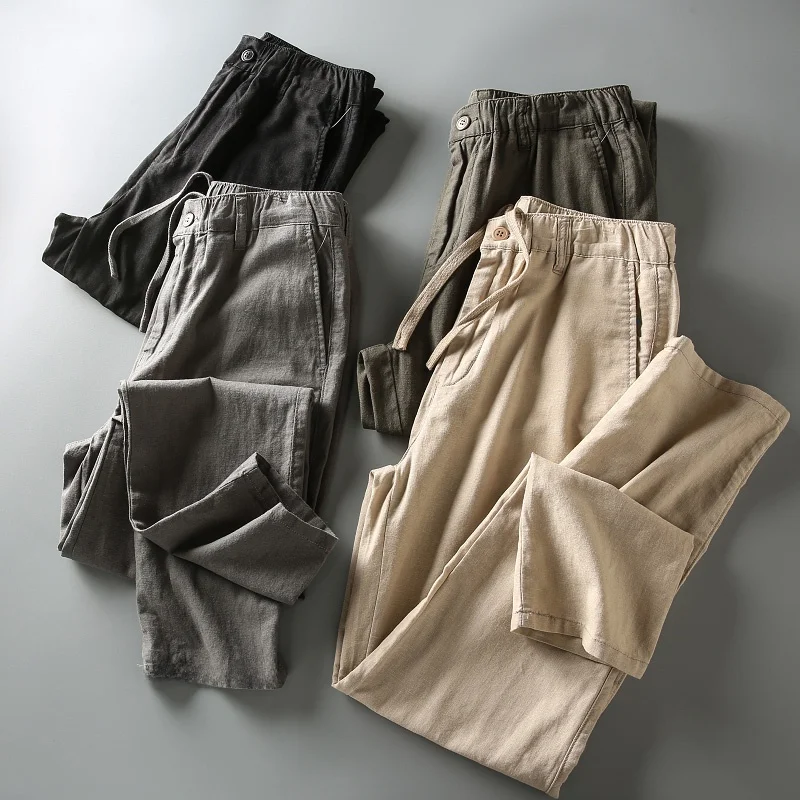 

Дышащие, комфортные, хлопковые, льняные, прямые брюки с эластичным поясом для молодых мужчин, повседневные, длинные, летние, новые, универсальные, свободного кроя