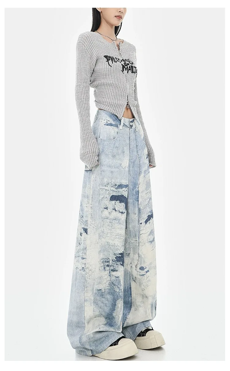 Women's Dyed Printed Design Retro Jeans Straight Denim Trousers Girl Wide Leg Pants Female High Waisted Fashionable Sweatpants
