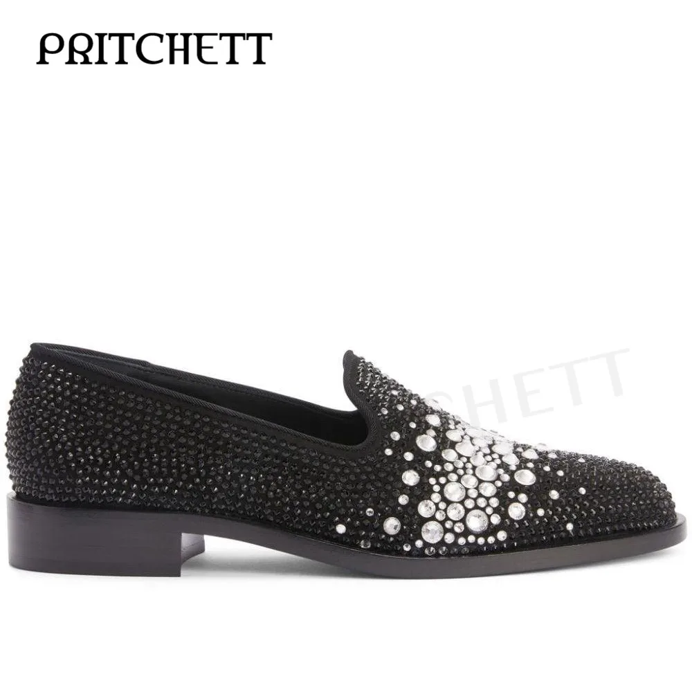 

Black and White Diamond Crystal Loafers Round Toe Shallow Mouth Luxury Square Root Casual Shoes Fashionable Personality Shoes