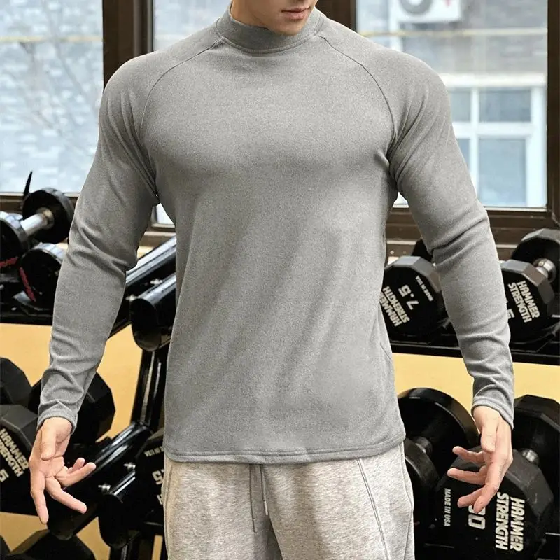 Autumn and winter new de velvet high neck long sleeve men's T-shirt casual shirt fashion fitness exercise sportswear