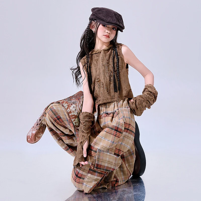 Gothic Style Kpop Clothing Hazz Dance Costume Girls Hooded Navel Tops Checked Pants Street Dance Hiphop Performance Suit BL15745