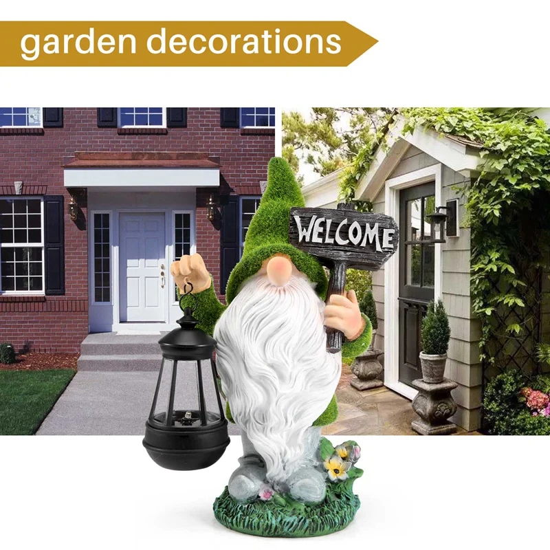 Flocking Gnome Solar Garden Statues Outdoor Decor Flocked Gnome with Solar Lantern Figurine Dwarfs Jardim Yard Ornaments-AT35
