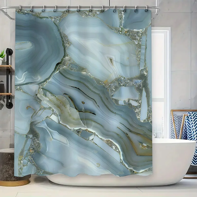 Blue Marble Shower Curtain Waterproof Bathroom Decor Modern Floral Print Shower Tarpaulin for Home Decoration (White) [Image]