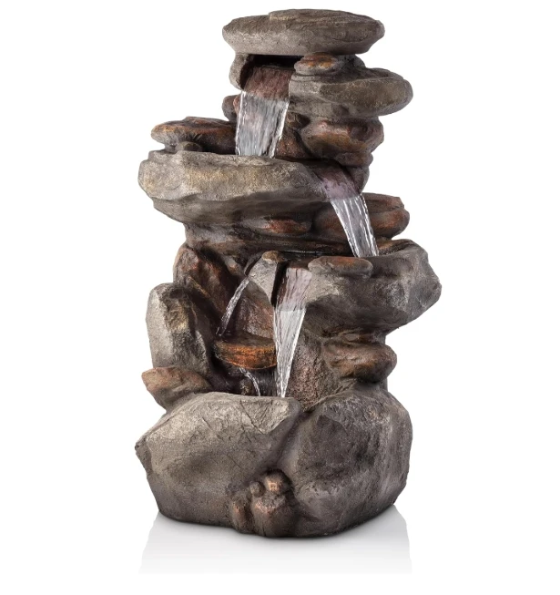 

Outdoor Floor 4 Tiered Rock Water Fountain for Garden, Patio, Yard with Natural Stone Look, LED Lights, 40" Tall, Light