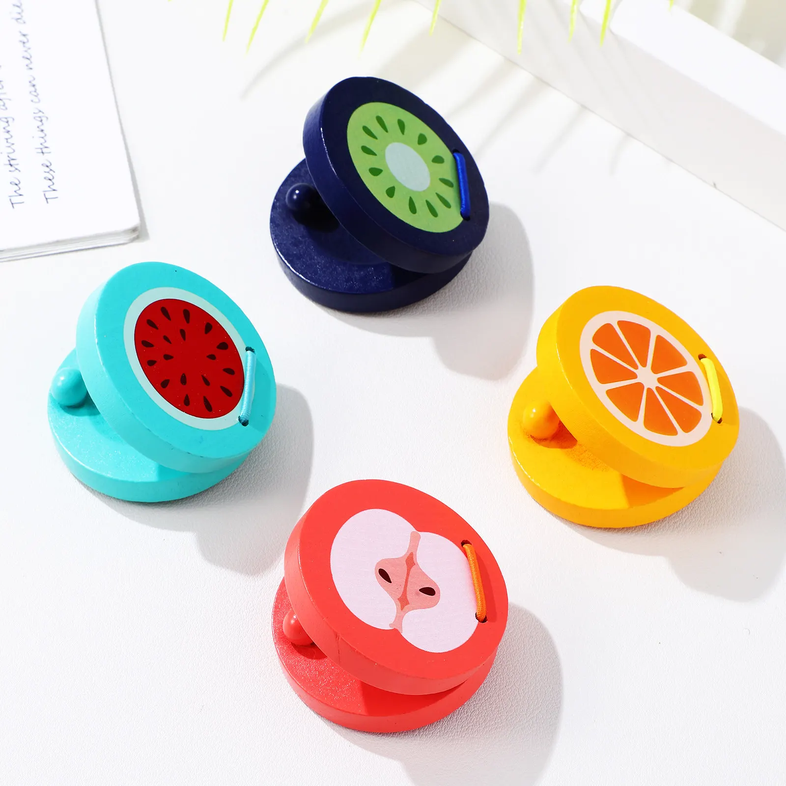 4Pcs Wooden Castanets Finger Musical Instruments Cartoon Fruit Pattern Small Percussion Educational Beginners