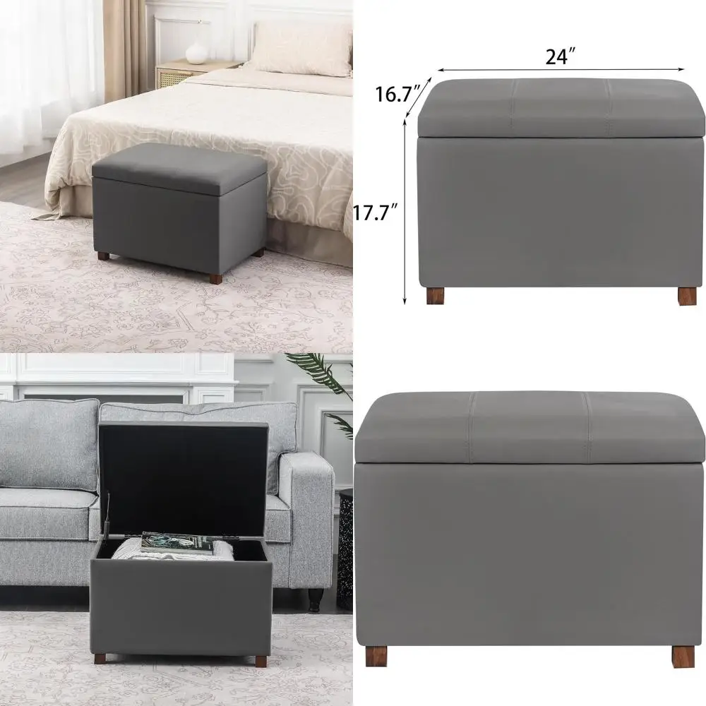 Gray Leather Storage Ottoman with Lift-Top, Small Square Footrest for Living Room and Bedroom