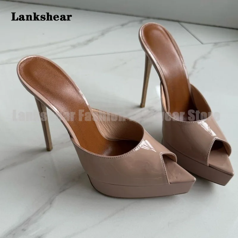 Platform Mules Patent Leather Stiletto High Heels Women Shoes Summer Elegant Pointy Toe Slippers Sandalias De Mujer Verano