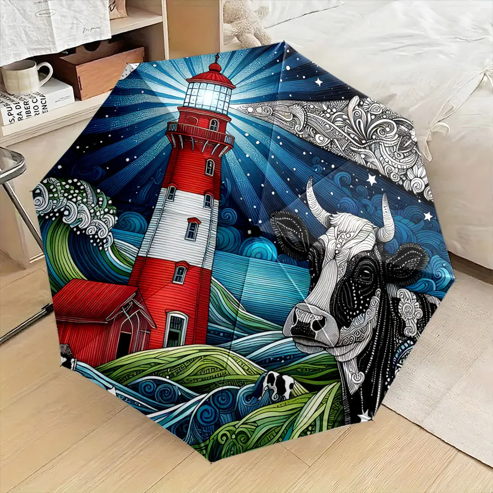 Cow and Lighthouse Night Scene Art Pattern Umbrella portable waterproof sun rain umbrella for outdoor travel beach
