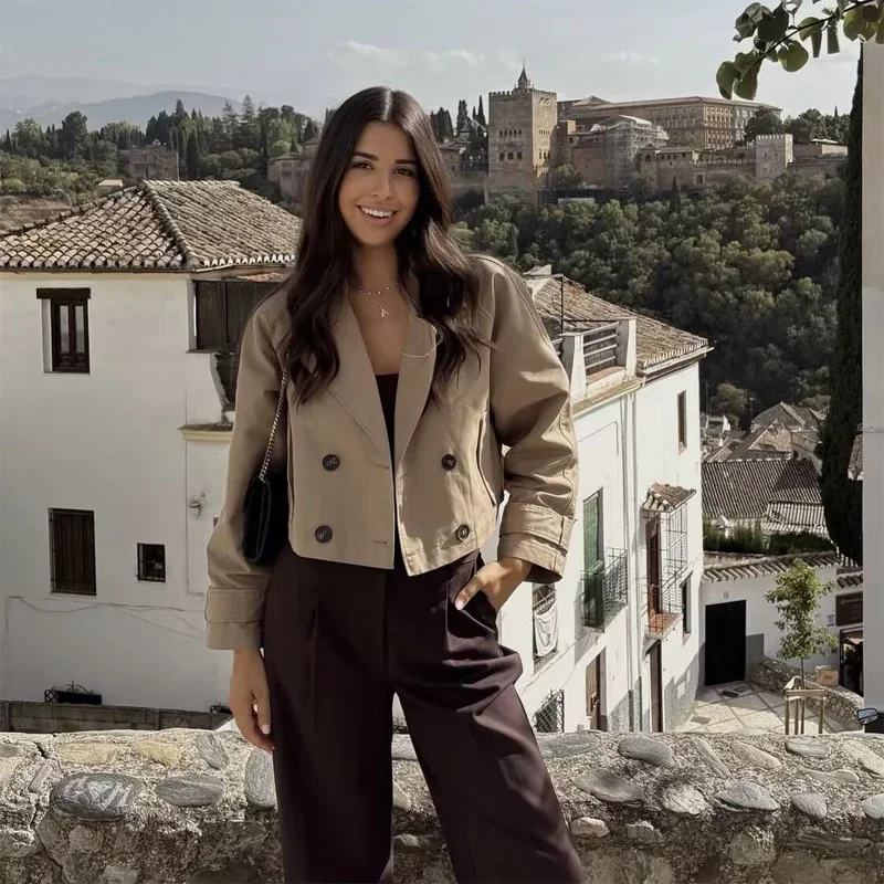 Sólido duplo breasted curto blusão feminino chique lapela com decote em v solto trench manga longa casaco 2026 senhora primavera outono outwears