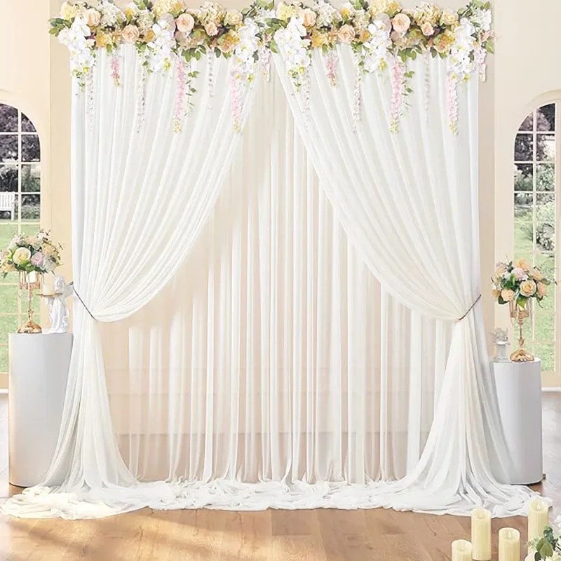 2pcs 5ft x10ft Chiffon Backdrop Curtains, 2 Layer Sheer Fabric Backdrop Drapes Drapes for Bridal Shower Wedding Arch Party Decor