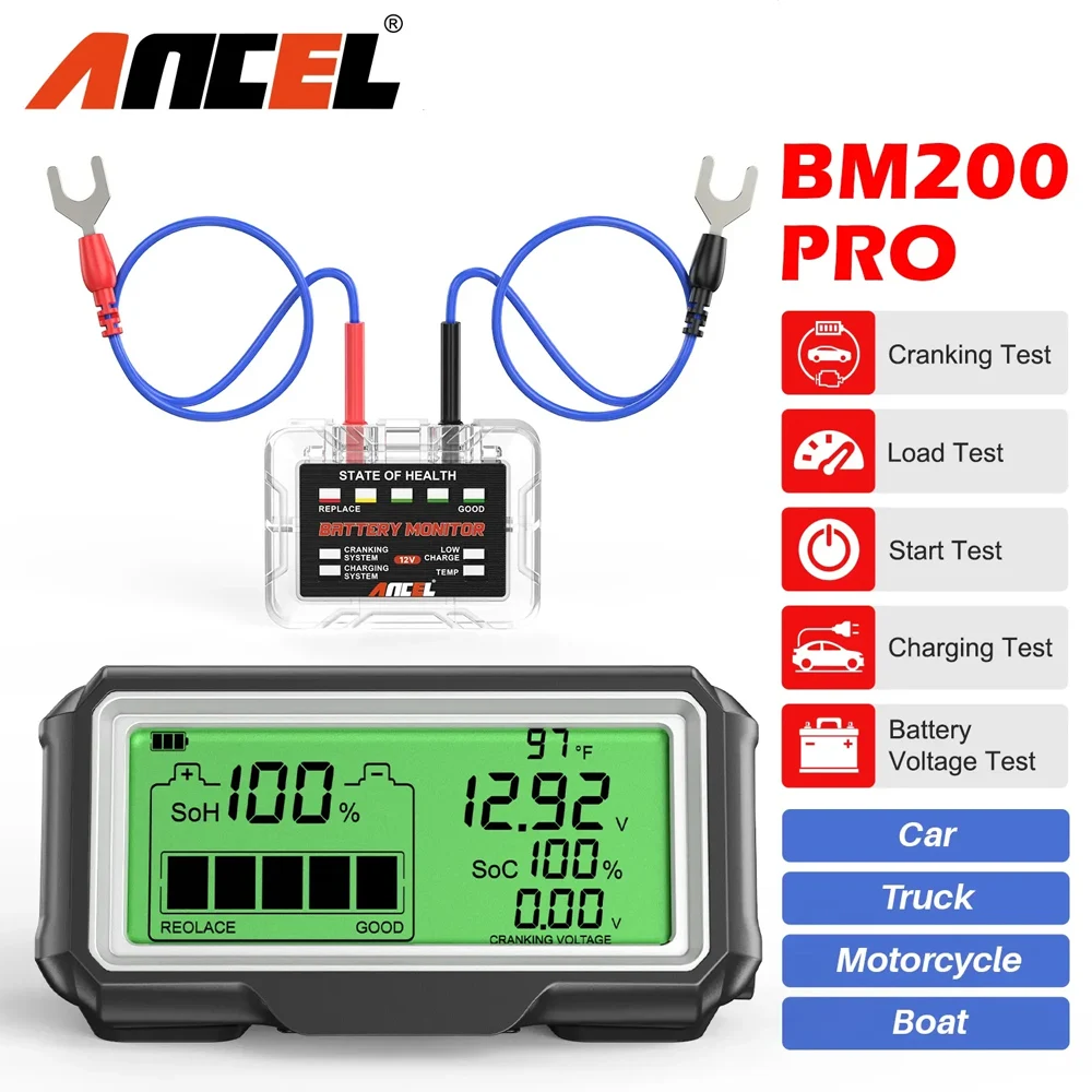 ANCEL BM200 PRO 12V Car Battery Capacity Tester Monitor LED Display Waterproof SOH SOC Battery Health Analyzer Auto Tester Tools