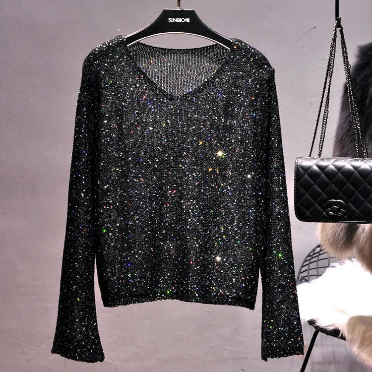 Spring Autumn New Fashion Sparkling Women Knitted Top Sexy Hollow Female V-neck Trumpet Sleeve Head Sweater
