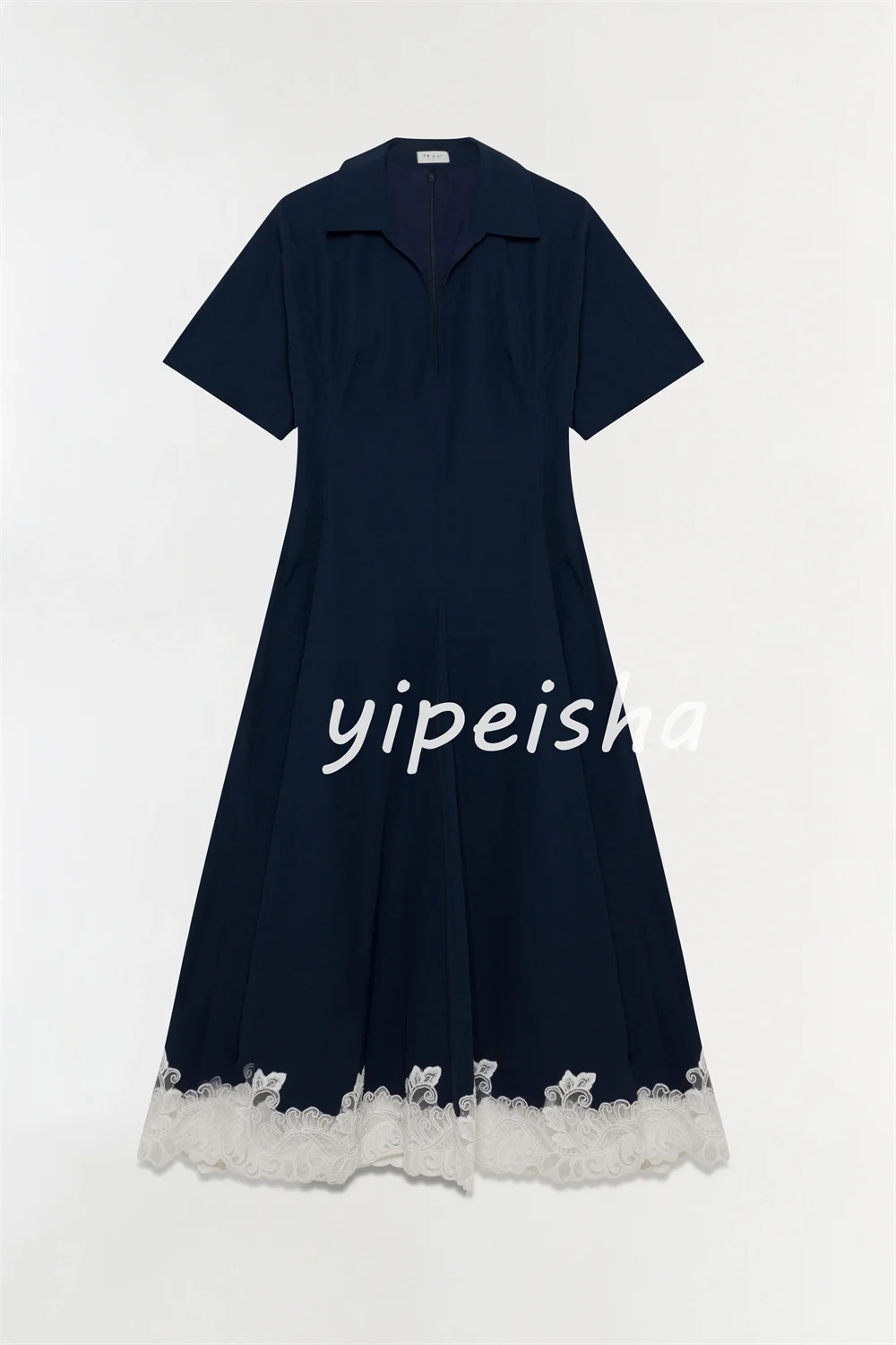 Customized Navy Blue Exquisite Simple Pleat Lace A-line V-neck  Ankle Length Evening Dresses Formal for Woman Sizes Available