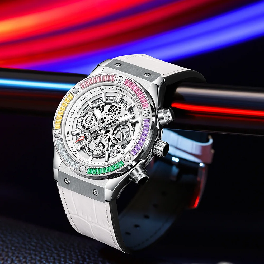 Sport Casual Horloge Voor Heren Onola Merk Mode Lederen Band Regenboog Diamant Multifunctionele Waterdichte Quartz Polshorloge Man