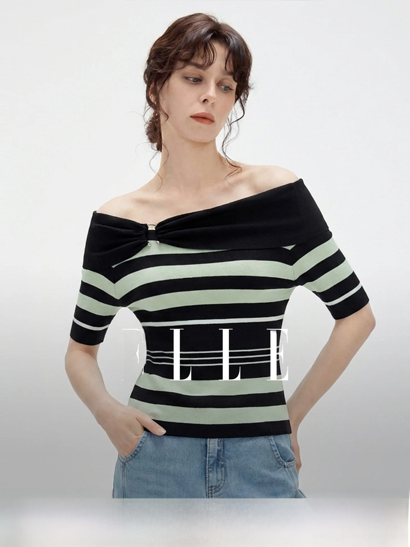 

Elle Retro Color Block Stripe One Shoulder Knitted Sweater Women's Casual Summer New Design Sensation Elegant Top