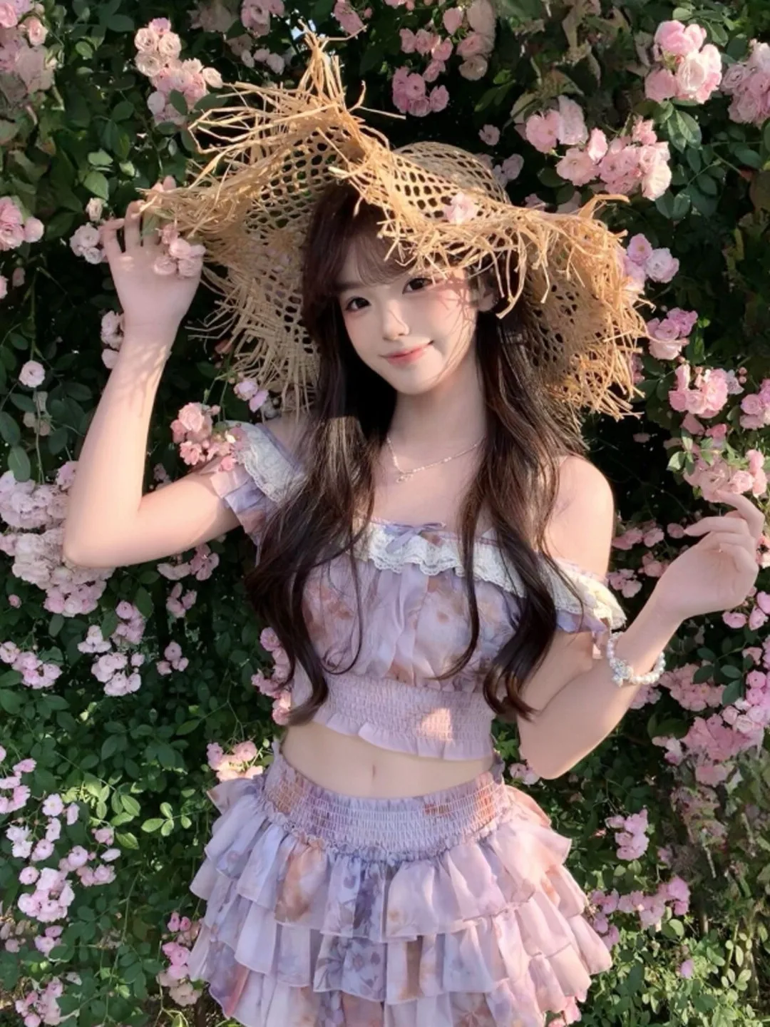 

Pastel Purple One-Shoulder Cake Skirt Set Gentle Style Summer Fashion Women's Comfortable High-Waist Short Skirt Two-Piece Set