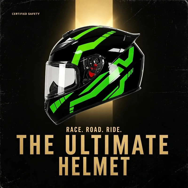 Casco de Motocicleta QIKE con Visera Transparente Antivaho, Carcasa Ligera de ABS, Diseño Gráfico Negro y Verde, para Deportes, Carreras y Uso Diario en Scooter