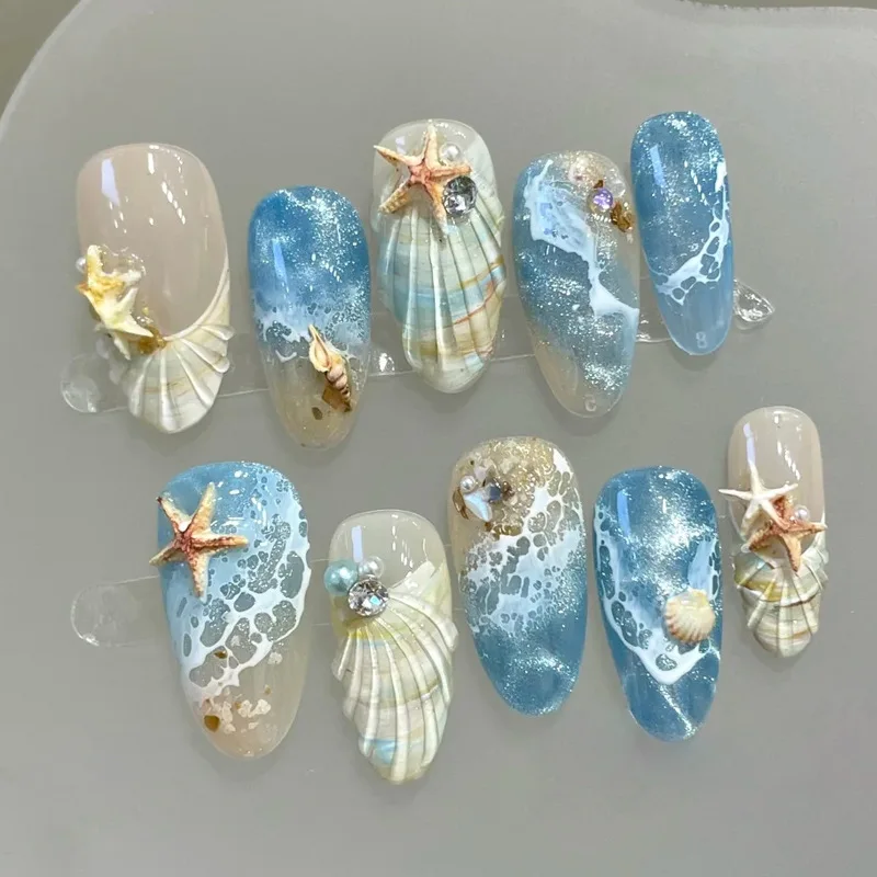 

Summer Beach Press On Nails 2025 New Nials Unique Painting Starfish3D Long Almond Fake Nails Design Art DIY Nails with Set