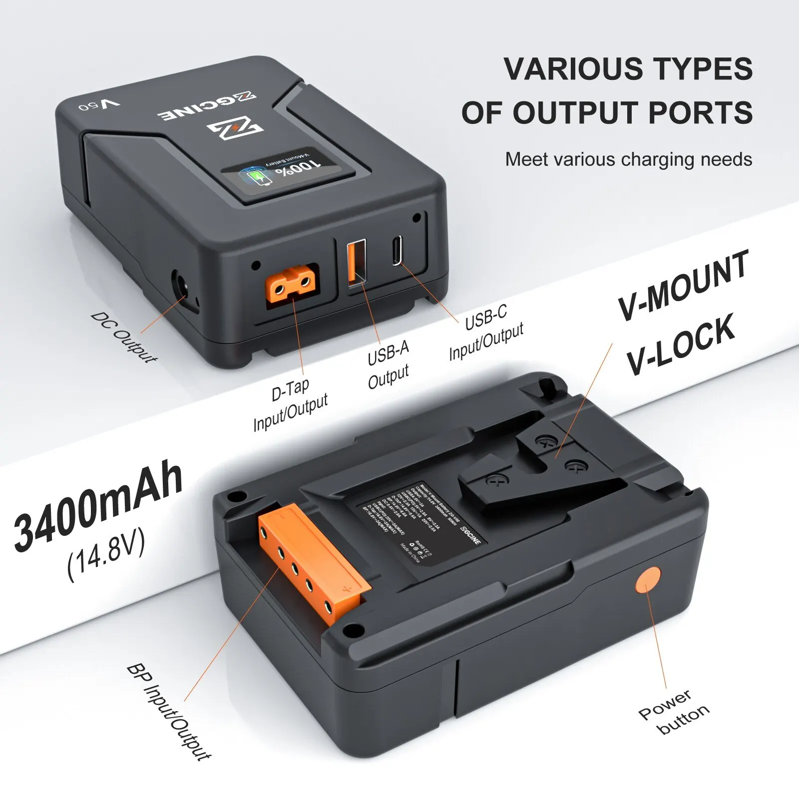 ZGCINE V99 V50 V160 V Mount Battery PD Fast Charger D-TAP USB-A Dual USB-C Port For BMPCC 6K Pro Canon R5C Sony FX3