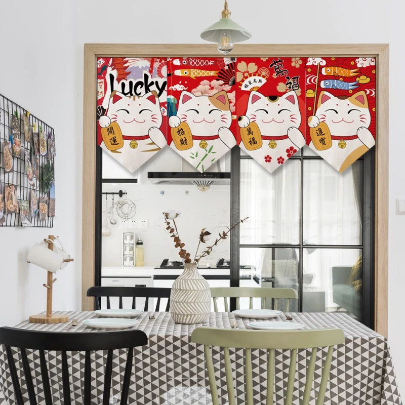 Japanese Lucky Cat Triangle Flag Short Curtain Bedroom Decoration Half Curtain Kitchen Curtain Sushi Restaurant Decor
