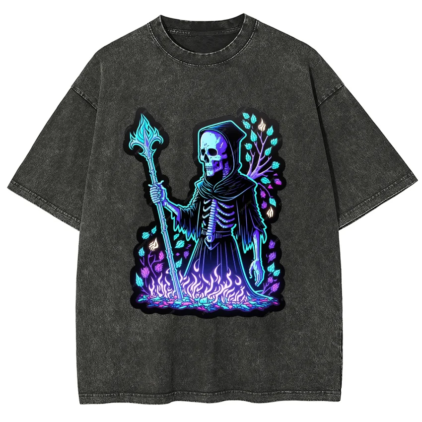 

Purple Flame Skull Print Women's T-Shirt Washed Denim Fabric Super College Student Mid Sleeve Funny Fashion Retro Distressed Top