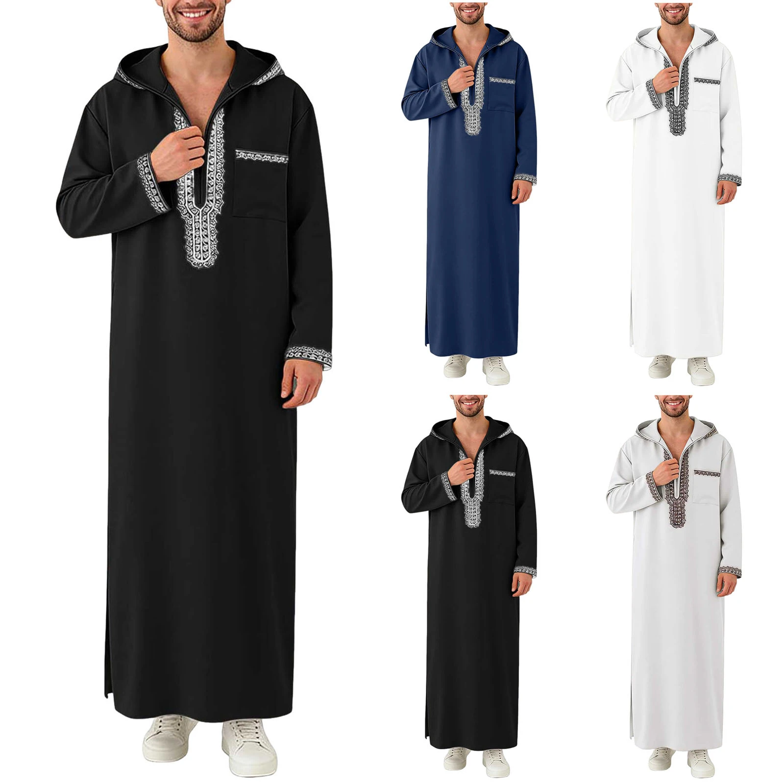 Men Jubba Thobe Long Sleeve Hooded Zip Up Male Robes Muslim Kaftan Arab Caftan Abaya Islamic Clothing Middle East Arab Long Robe