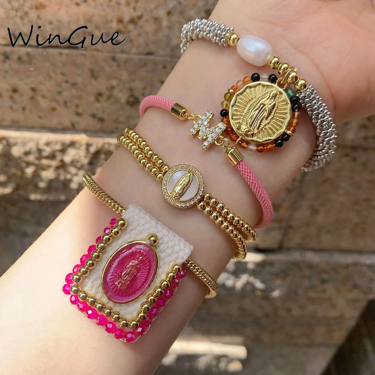 Diseños únicos dijes virginales pulsera joyería cobre chapado en oro ajustar cadena pulsera religión para hombres mujeres W2513