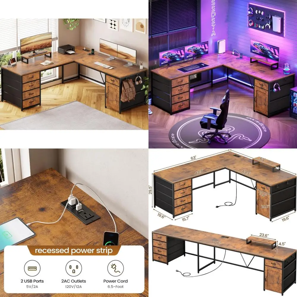 

Г-образный стол, 63, компьютерный стол с 5 ящиками и розеткой, просторный угловой стол для домашнего офиса