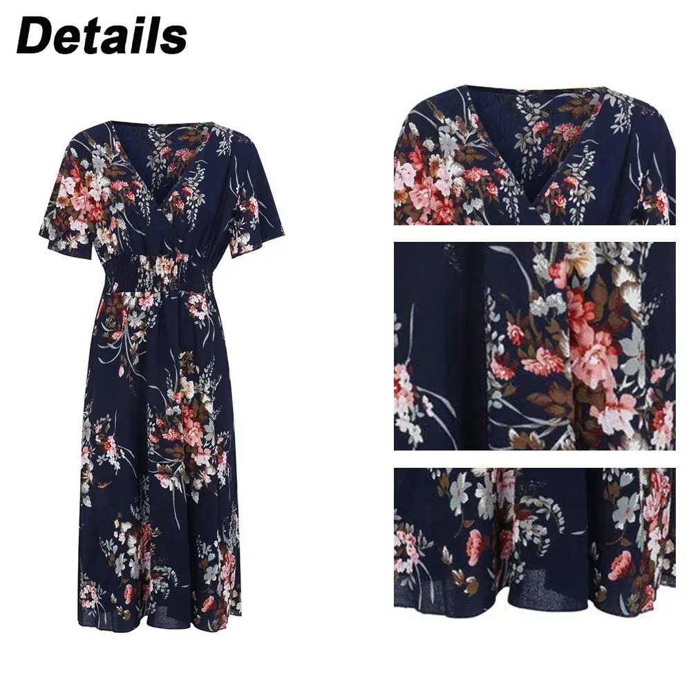 Plus Size 2024 Mode Bruiloft Strand Midi Jurk Dames Met Bloemenprint V-Hals Wikkeljurk Dames A-Lijn Party Swing Zonnejurk