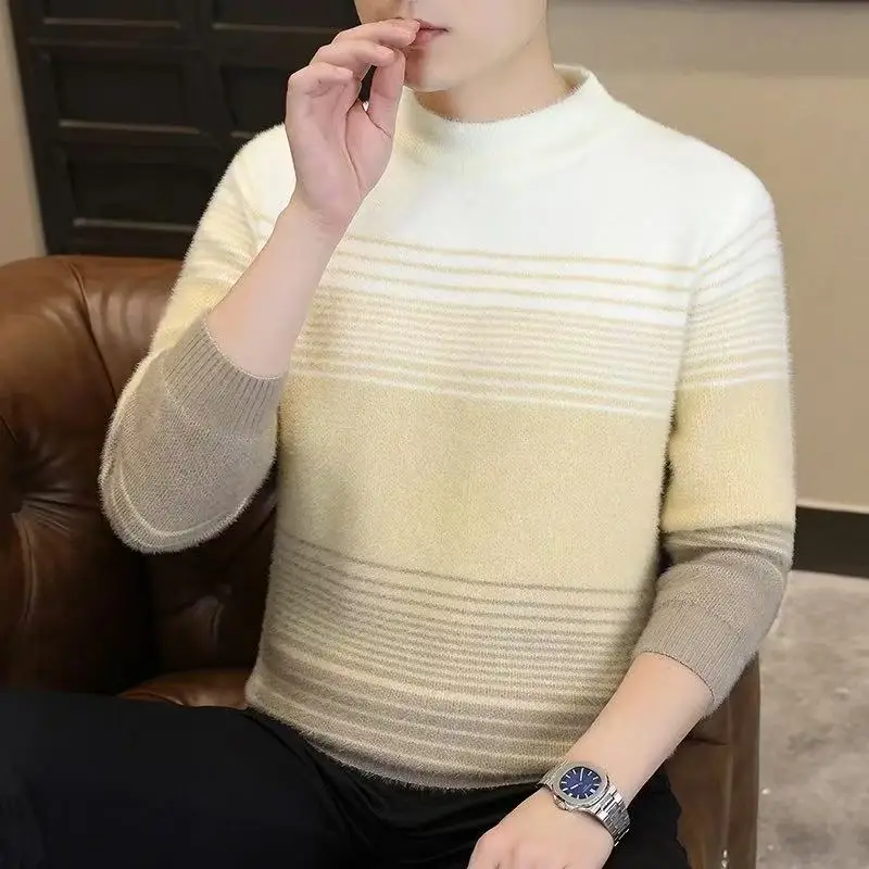 

Autumn Winter Thiened Warm Men's Knitted Sweater Double-sided Mink Velvet Slim Fit adient Casual Faion Ci Sle