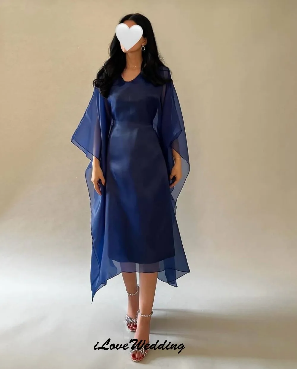 

Navy Blue Prom Dresses 2025 Elegant Wedding Party Dress For Woman Long Sleeve Organza Tea Length Evening Dresses Gala Customized