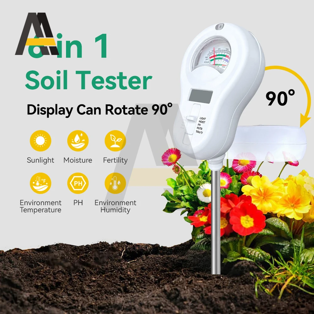 6 in1 다기능 디지털 토양 테스터 회전식 디스플레이 포함 pH 습도 온도 빛 수분 비옥도 측정