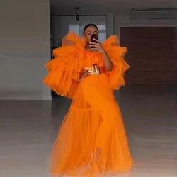 Orange Lush Party Dress Layered Flare Sleeve Sheer Vestido De Festa Tulle Round Neck A Line Long Prom Gowns No Pants