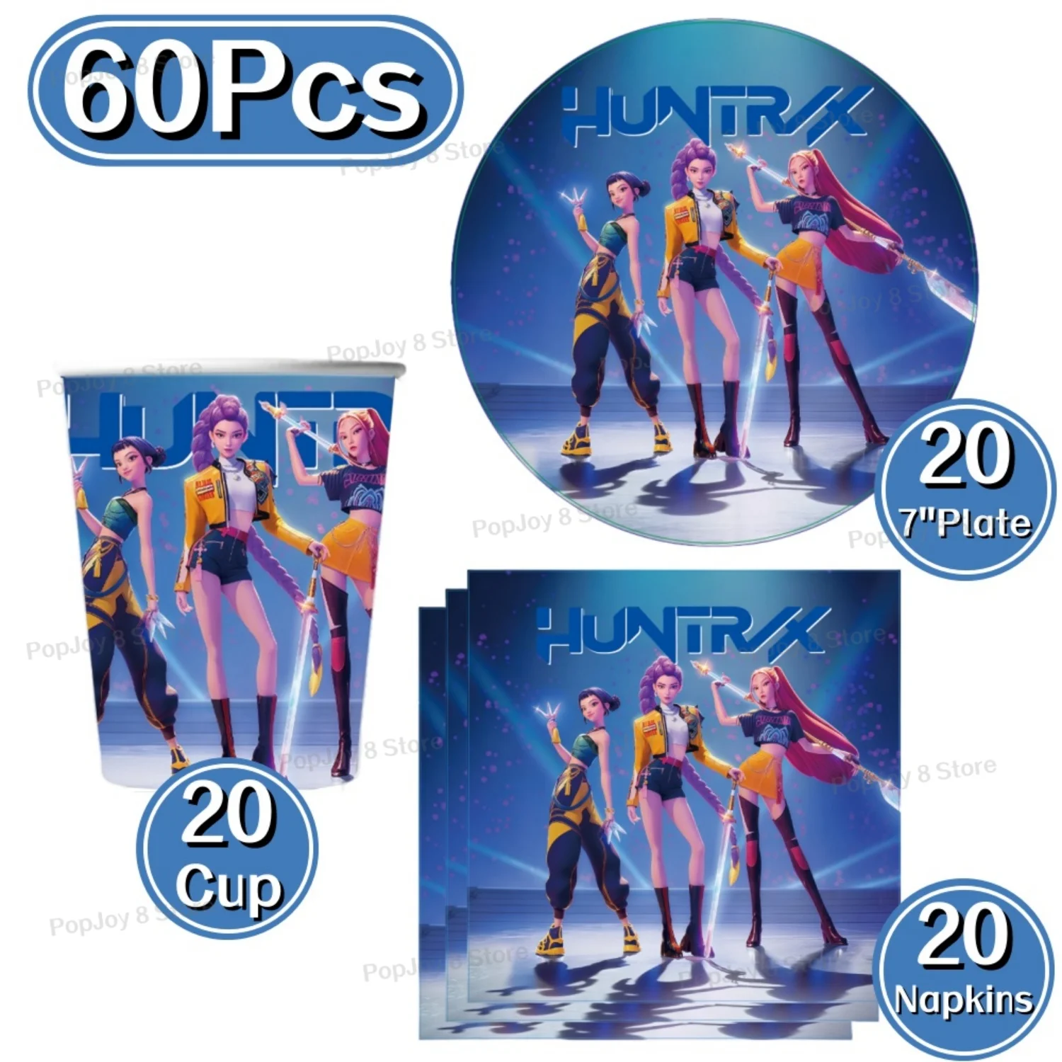 Juego de Vajilla Desechable con Temática Kpop de 60 Piezas, Platos, Vasos y Servilletas de Papel con Dibujos Animados, D