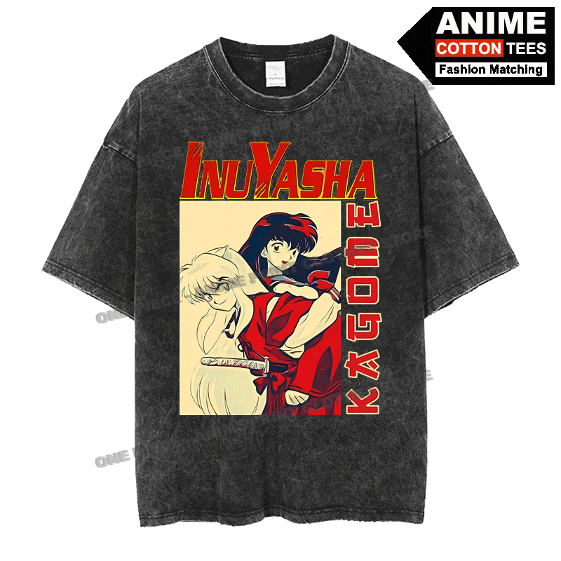 

Street styl Retro Washed T-shirt Classic Anime - Inuyasha Print Clothes Harajuku Men Women Casual Short Sleeve Cotton Loose Tees
